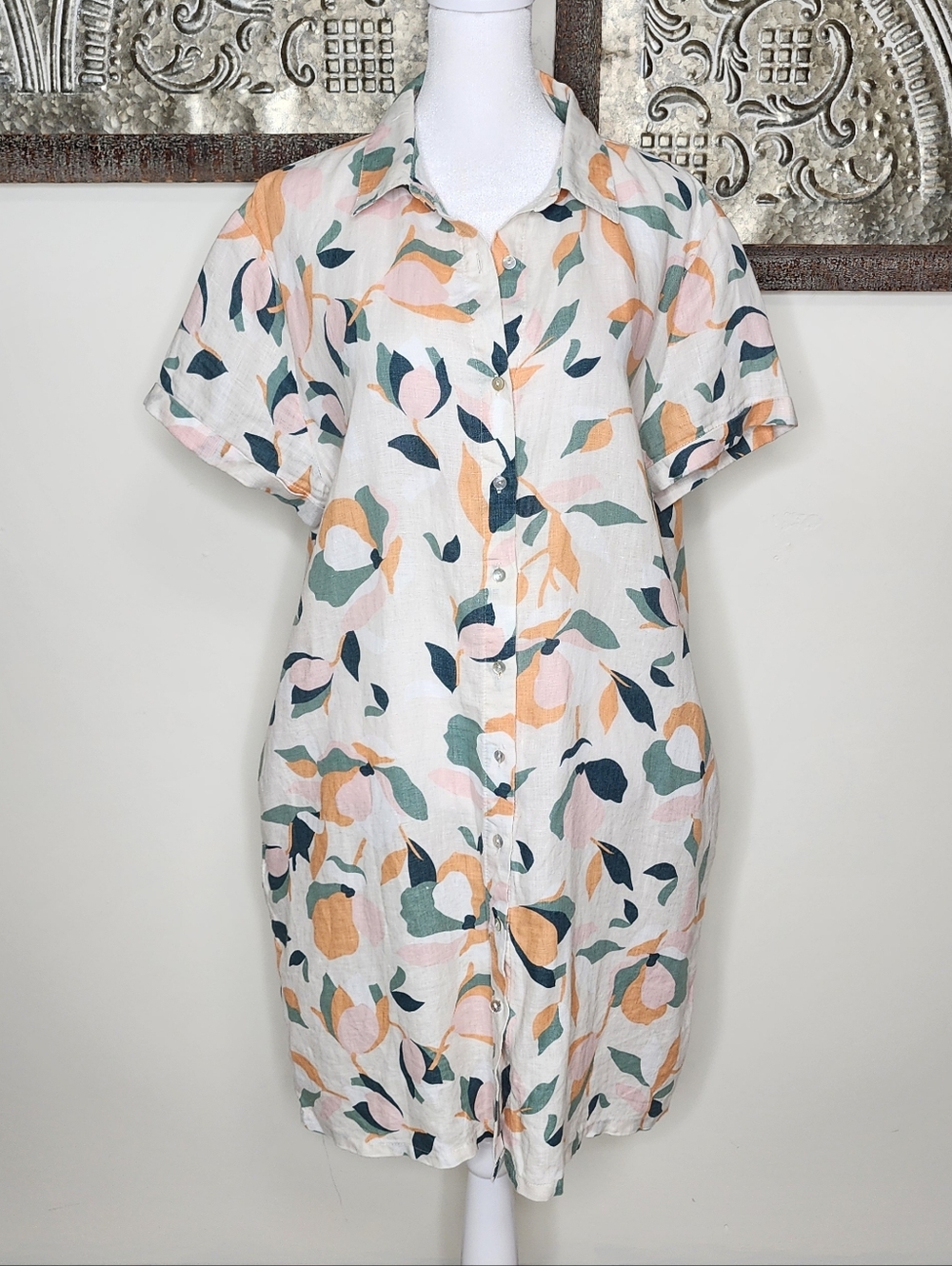 Rachel Zoe 100% Linen White & Peach Floral Button-Front Shirt Dress Large Summer